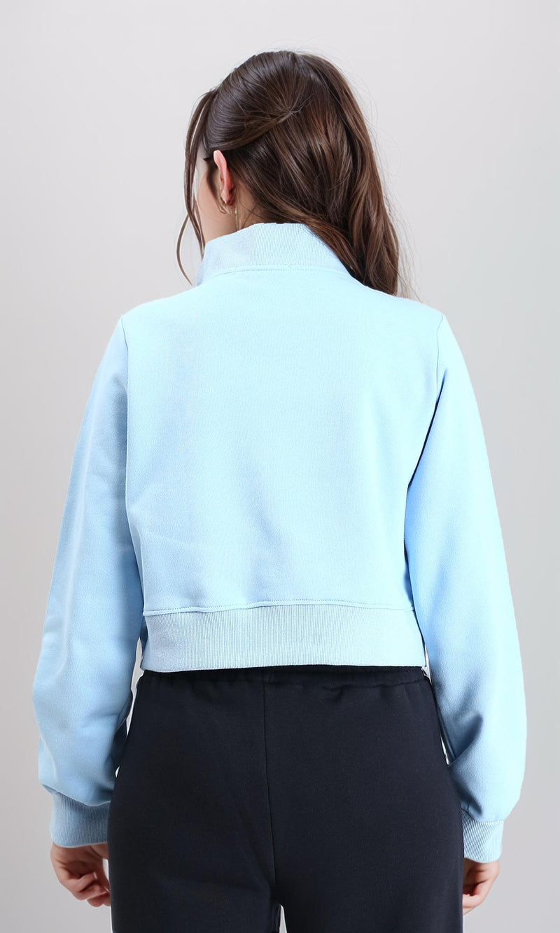 R214306 - Zipped Stand Collar Solid Jacket - Sky Blue