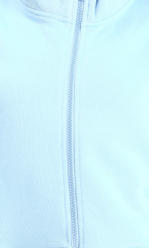 R214306 - Zipped Stand Collar Solid Jacket - Sky Blue