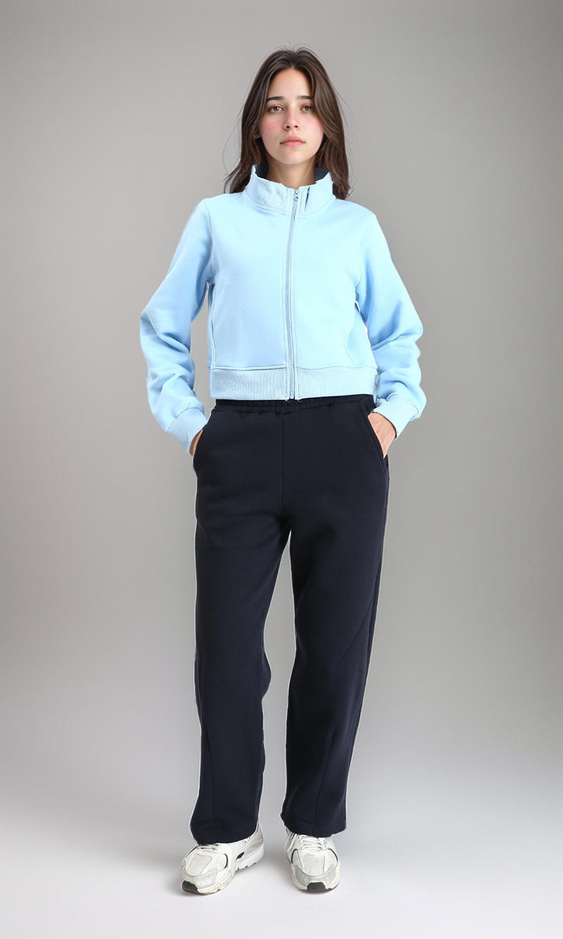 R214306 - Zipped Stand Collar Solid Jacket - Sky Blue