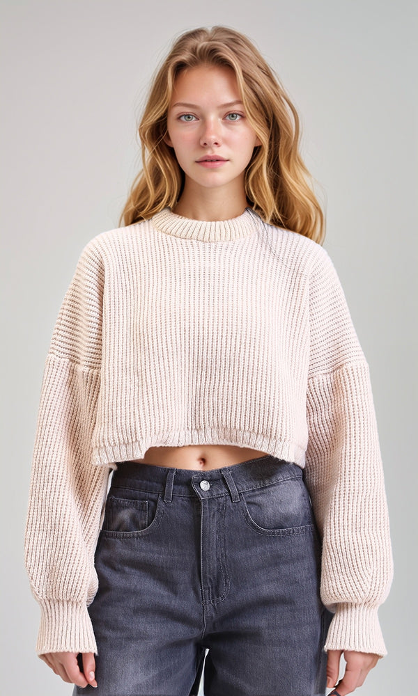 R214307 - Round Neck Knitted Short Pullover - Beige