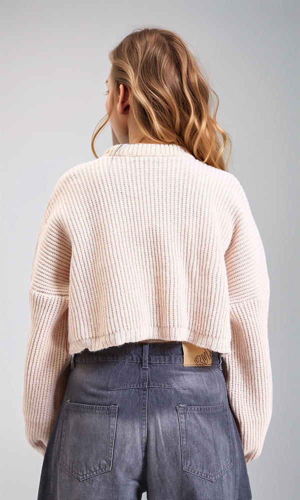 R214307 - Round Neck Knitted Short Pullover - Beige
