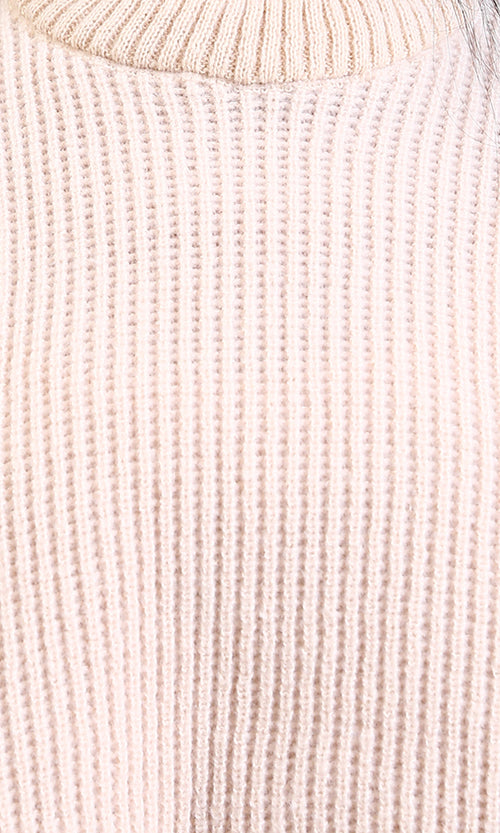 R214307 - Round Neck Knitted Short Pullover - Beige