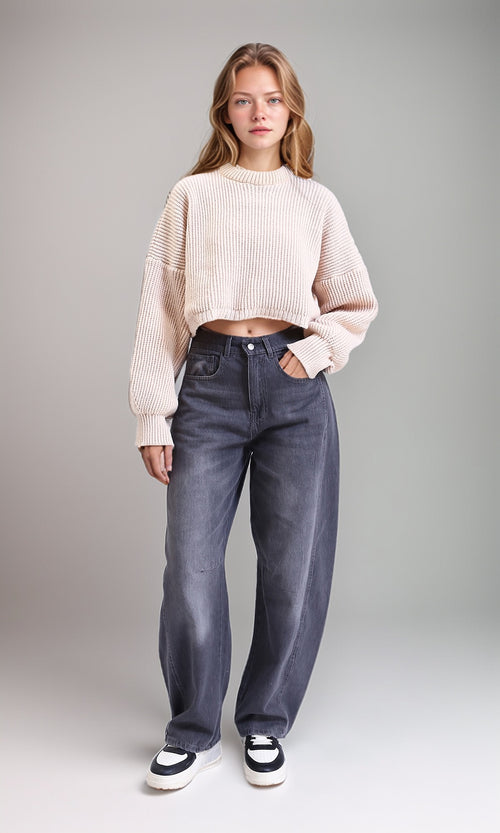 R214307 - Round Neck Knitted Short Pullover - Beige