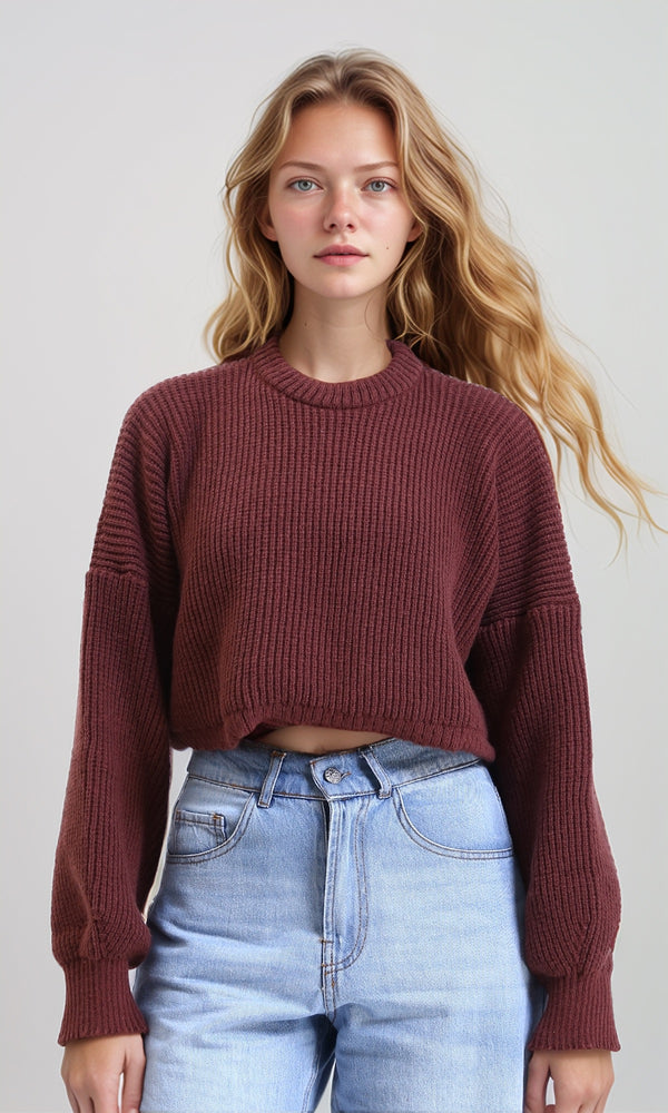 R214308 - Round Neck Knitted Short Pullover - Dark Brown