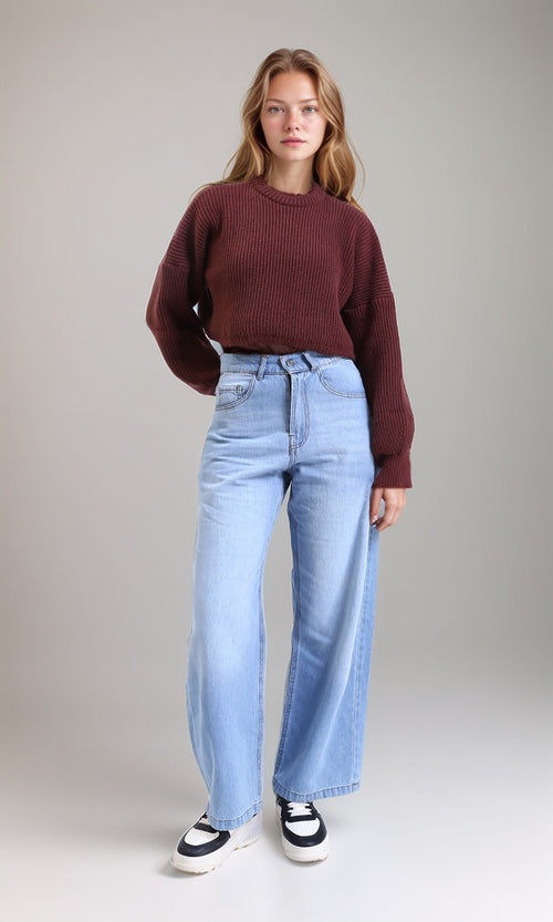 R214308 - Round Neck Knitted Short Pullover - Dark Brown