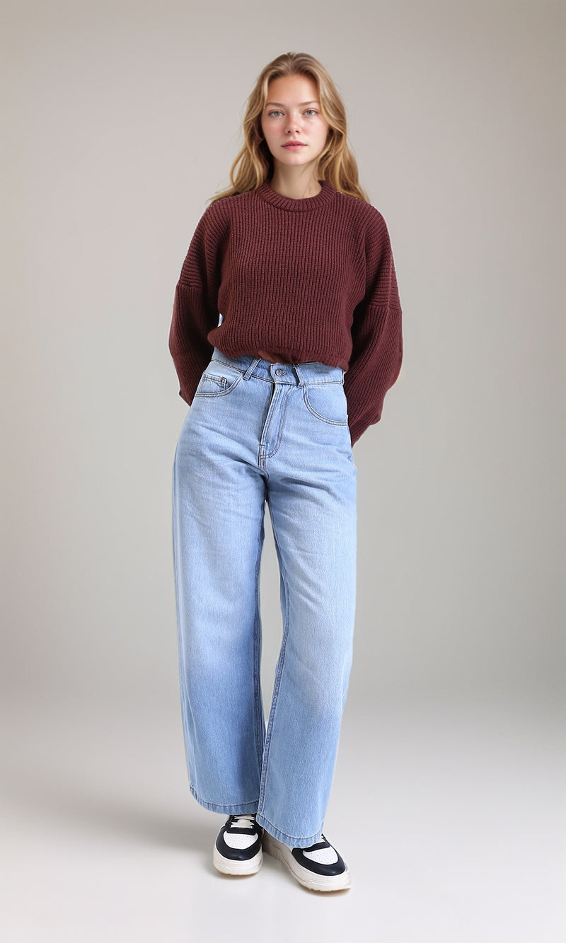 R214308 - Round Neck Knitted Short Pullover - Dark Brown