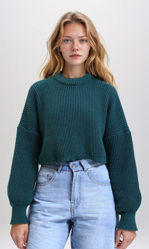 R214309 - Round Neck Knitted Short Pullover - Dark Green