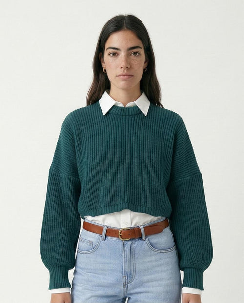 Women's Chunky Rib-Knit Cropped Sweater - Teal