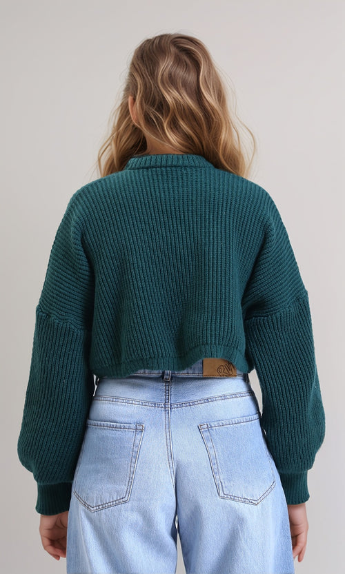 R214309 - Round Neck Knitted Short Pullover - Dark Green