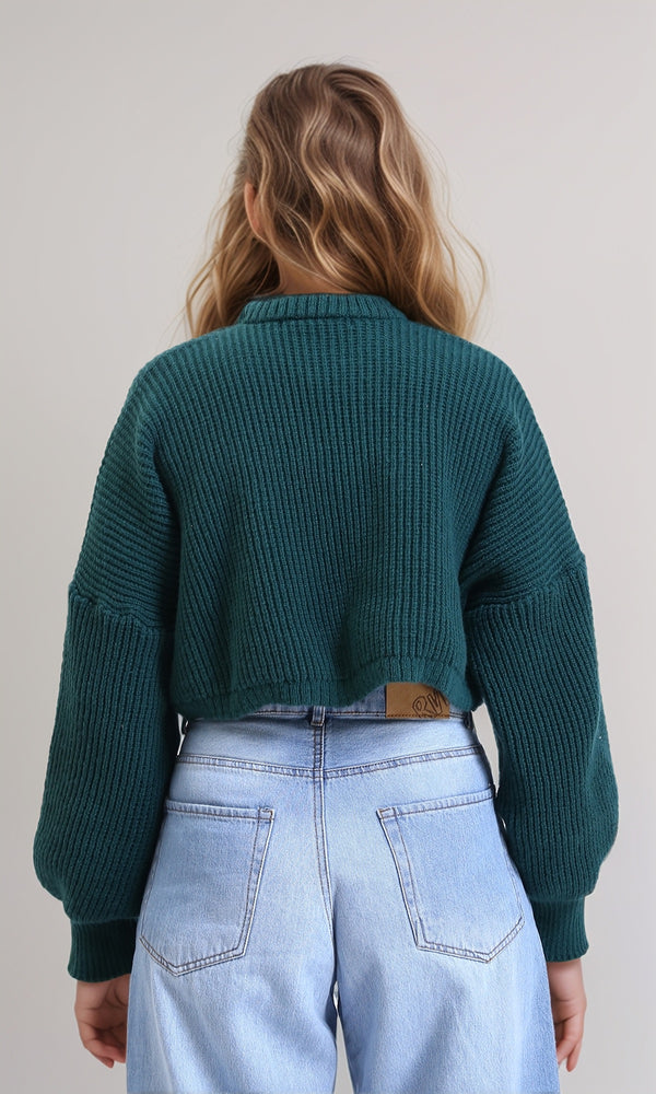 R214309 - Round Neck Knitted Short Pullover - Dark Green