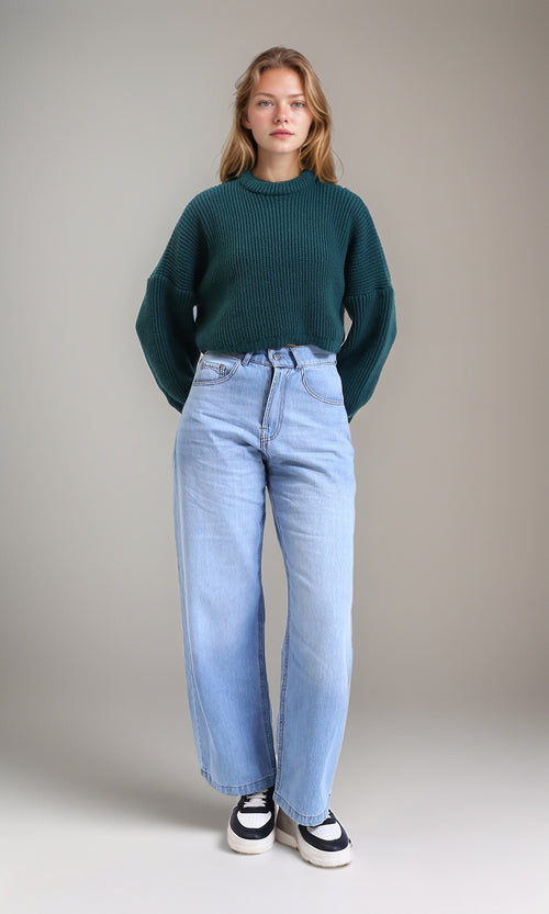 R214309 - Round Neck Knitted Short Pullover - Dark Green