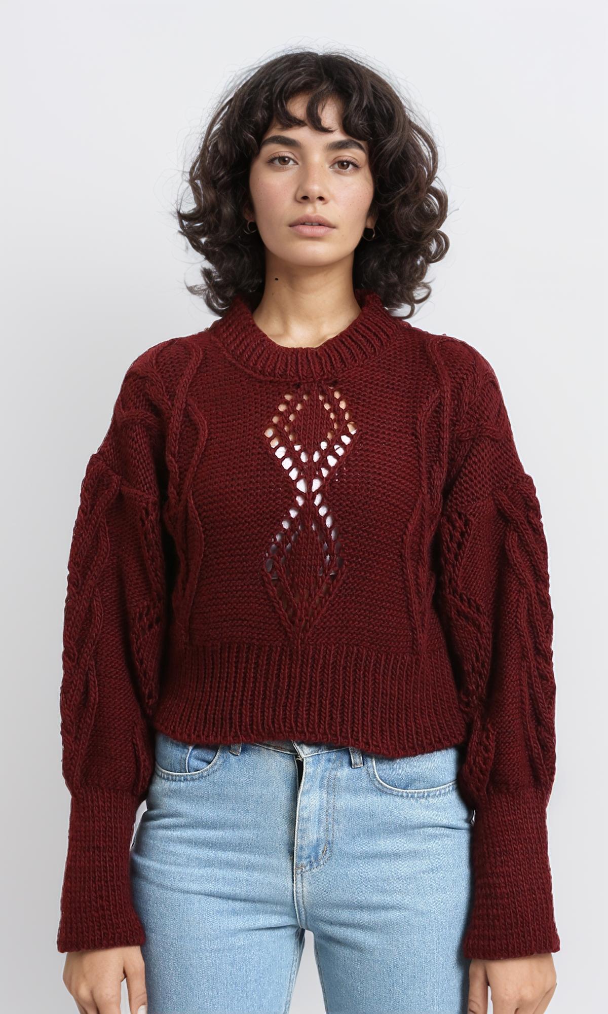 Ribbed Round Neck Perforated Pullover - Burgundy