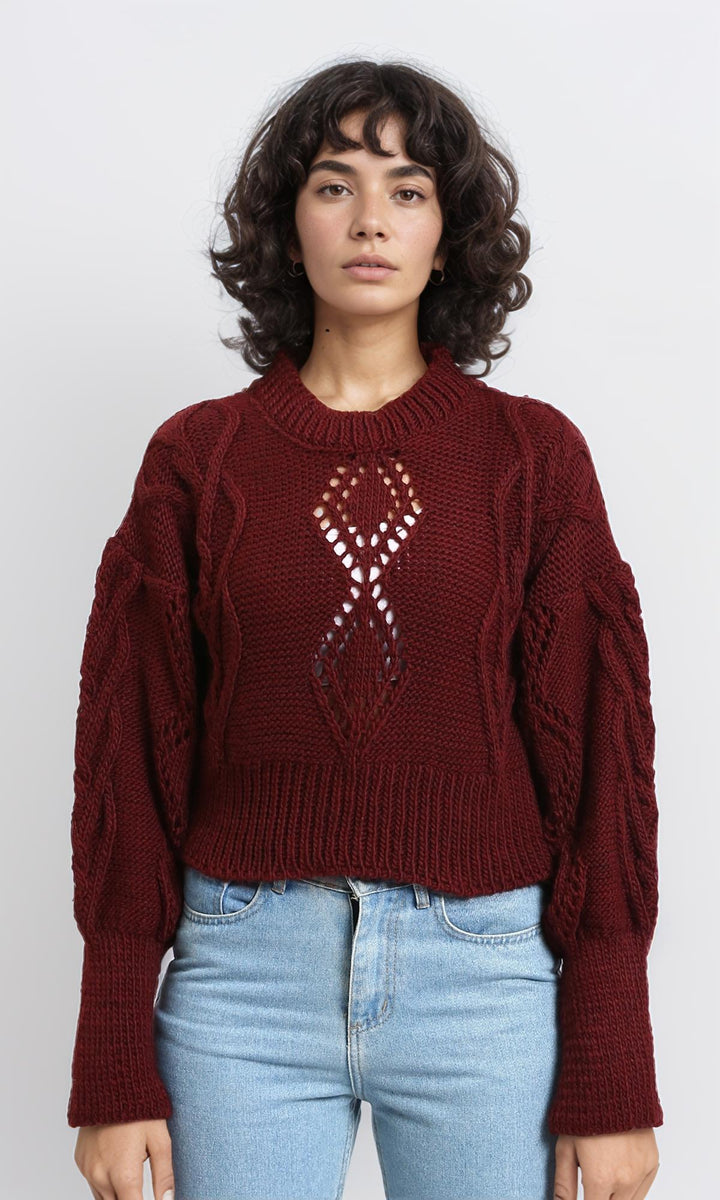 Ribbed Round Neck Perforated Pullover - Burgundy