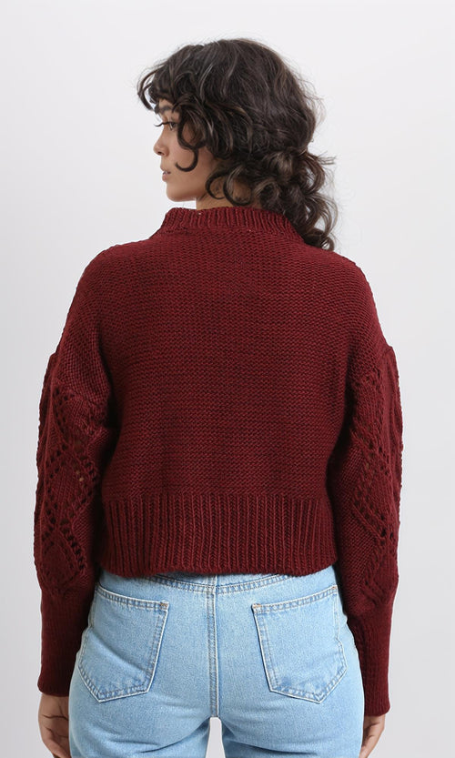 R214310 - Ribbed Round Neck Perforated Pullover - Burgundy