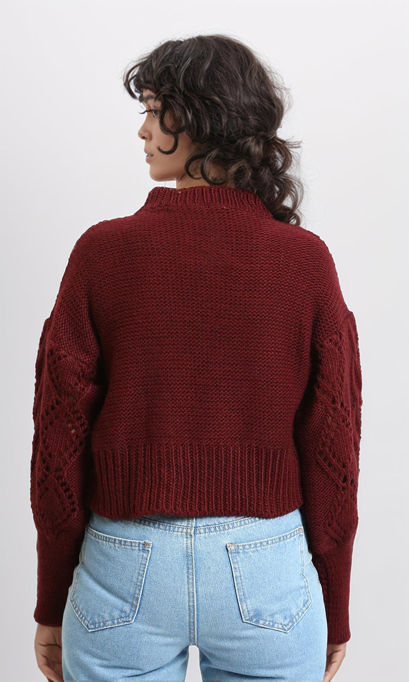 R214310 - Ribbed Round Neck Perforated Pullover - Burgundy