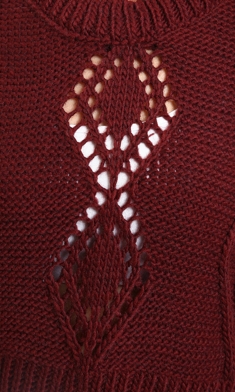 R214310 - Ribbed Round Neck Perforated Pullover - Burgundy