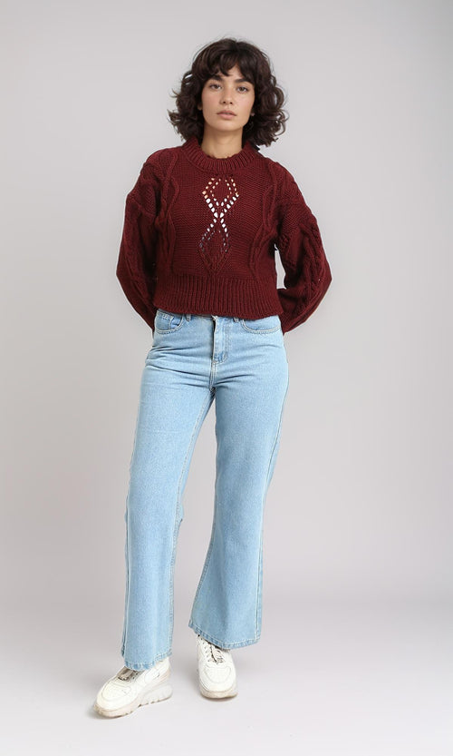 R214310 - Ribbed Round Neck Perforated Pullover - Burgundy