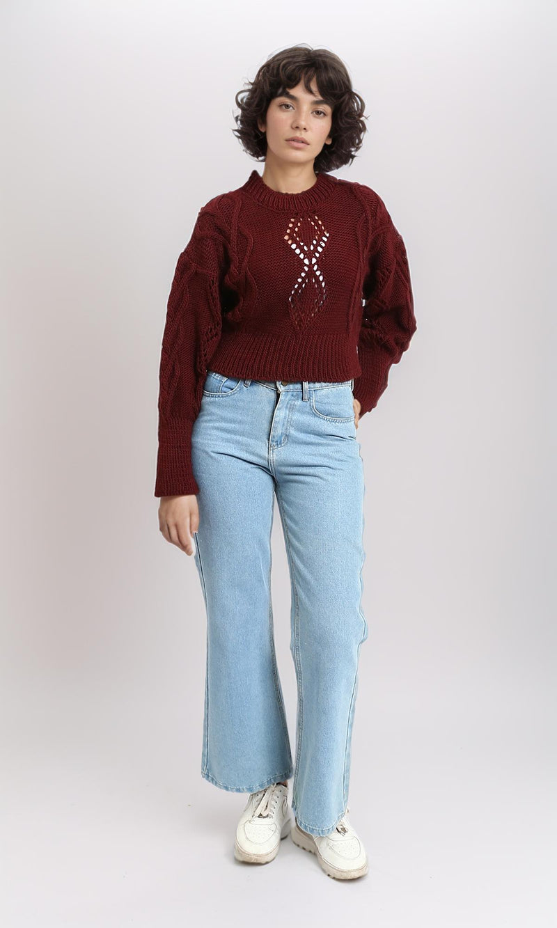 R214310 - Ribbed Round Neck Perforated Pullover - Burgundy