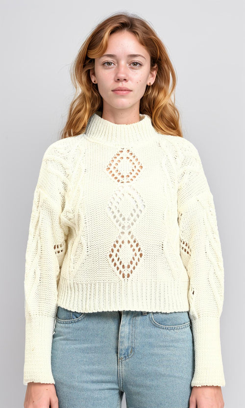 R214311 - High-Neck Perforated Knit Pullover - Off-White