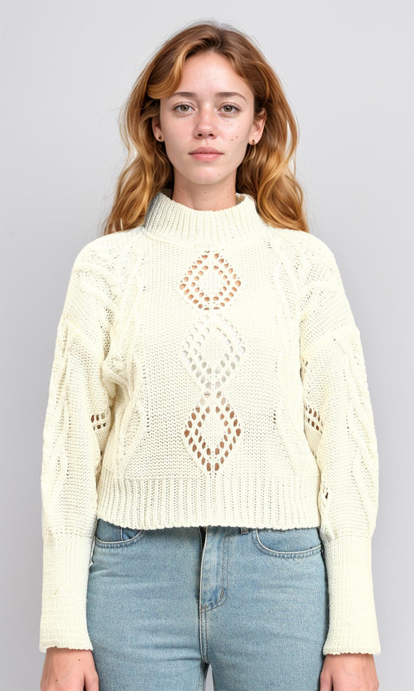 R214311 - High-Neck Perforated Knit Pullover - Off-White