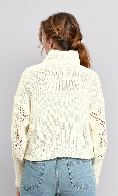 R214311 - High-Neck Perforated Knit Pullover - Off-White
