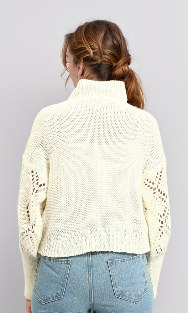 R214311 - High-Neck Perforated Knit Pullover - Off-White