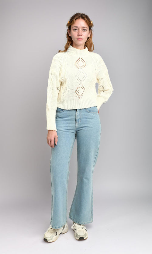 R214311 - High-Neck Perforated Knit Pullover - Off-White