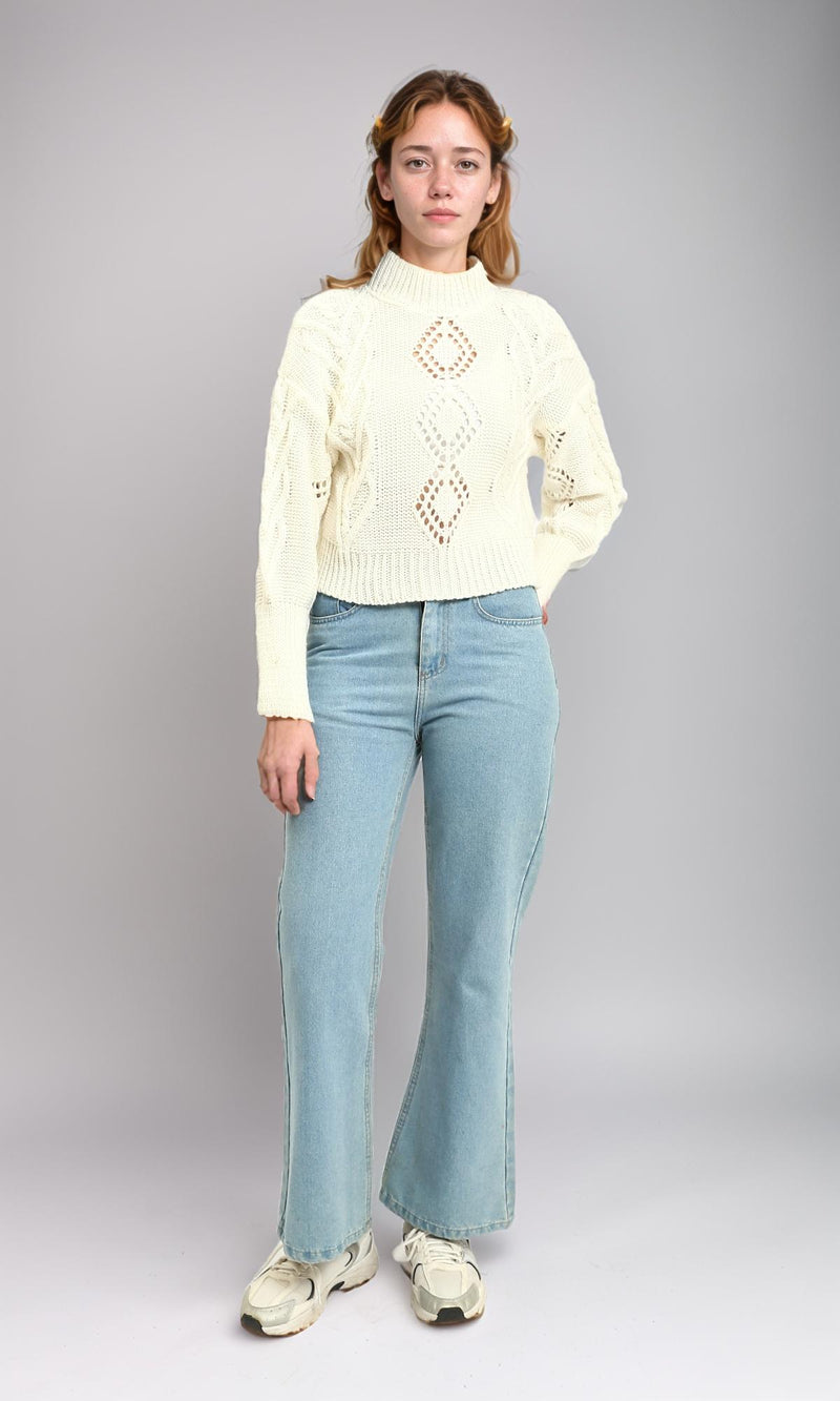 R214311 - High-Neck Perforated Knit Pullover - Off-White
