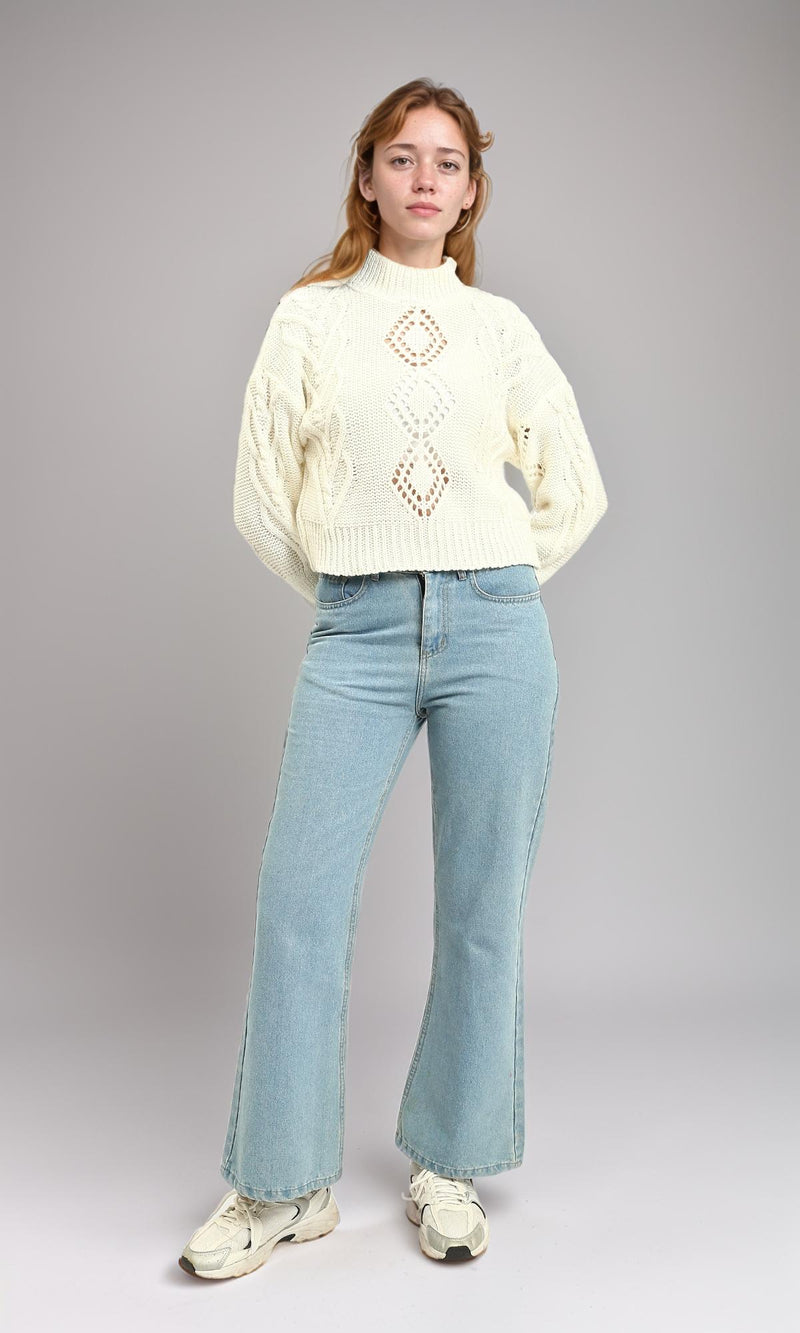 R214311 - High-Neck Perforated Knit Pullover - Off-White