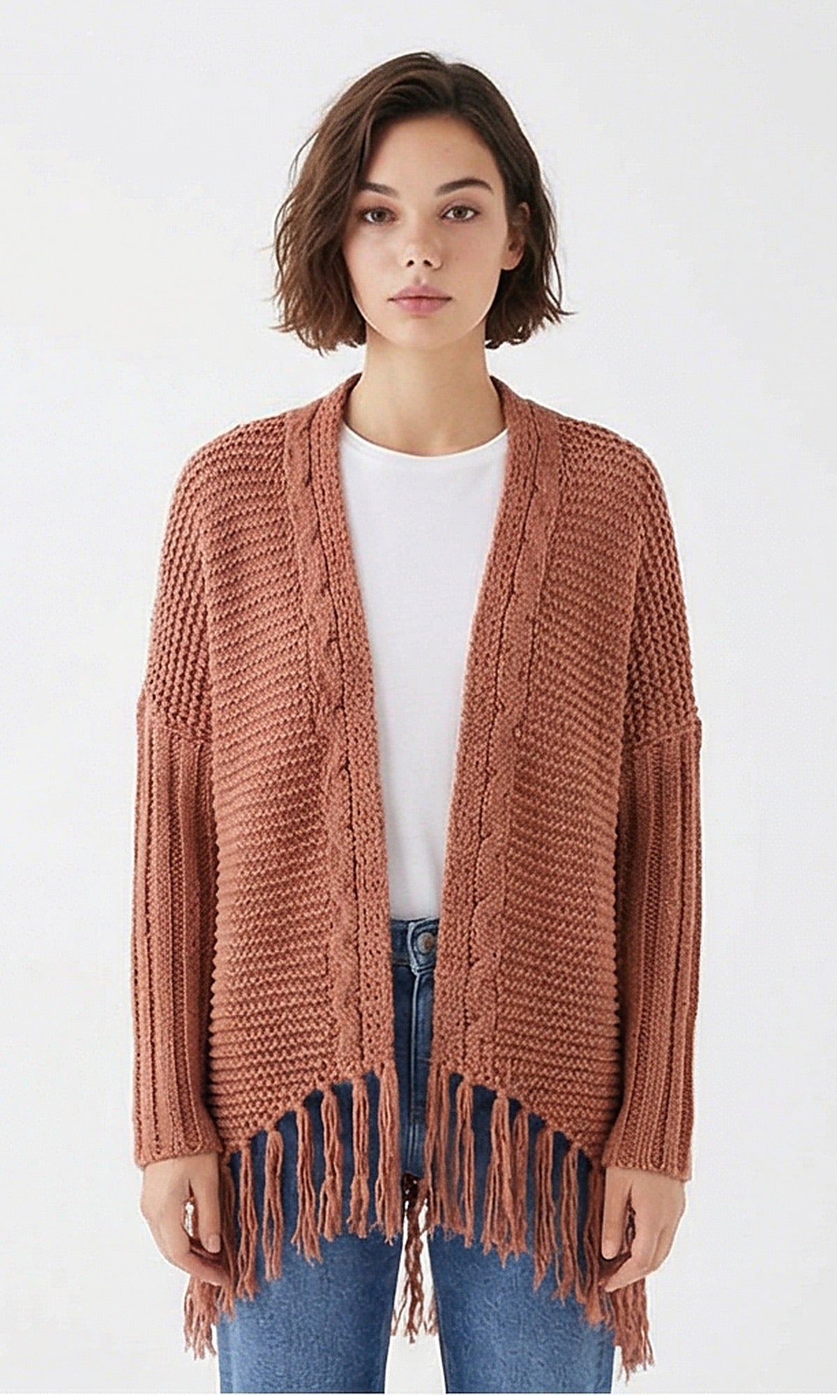 Rust Open-Front Fringe Detail Knit Cardigan