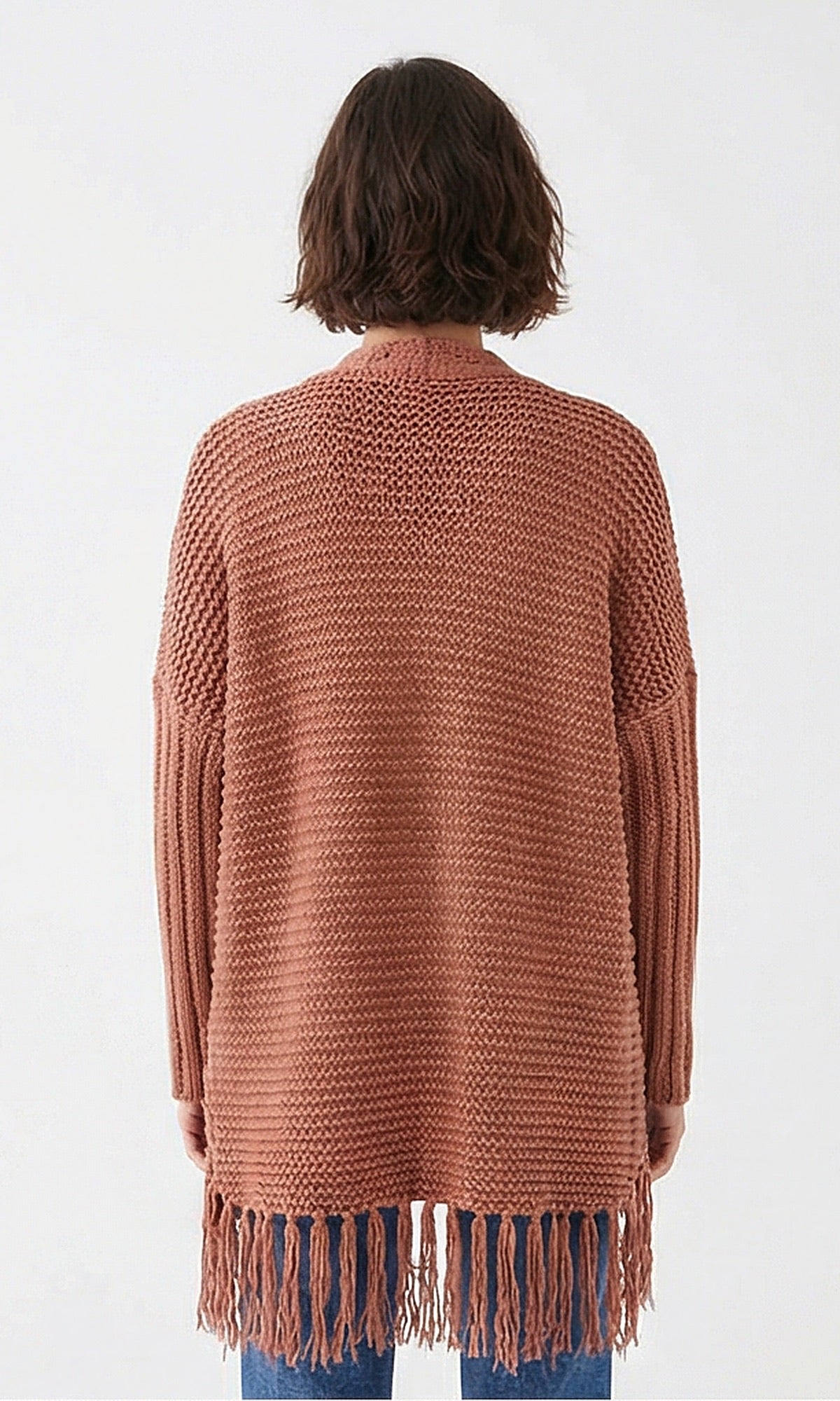 Rust Open-Front Fringe Detail Knit Cardigan