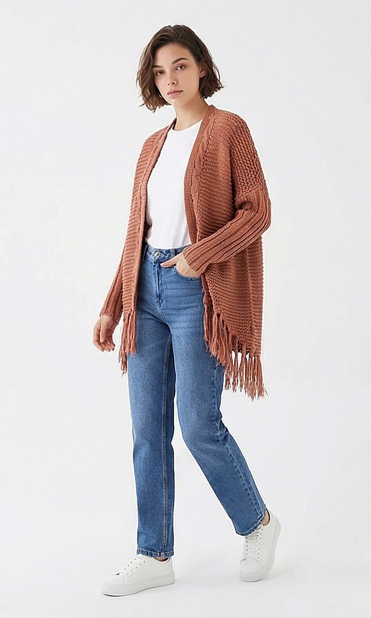 Rust Open-Front Fringe Detail Knit Cardigan