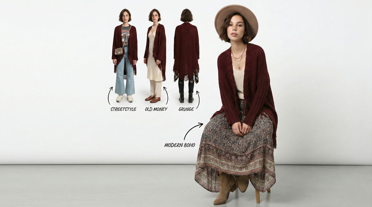 R214313 - Braided Neckline with Fringes Cardigan - Burgundy