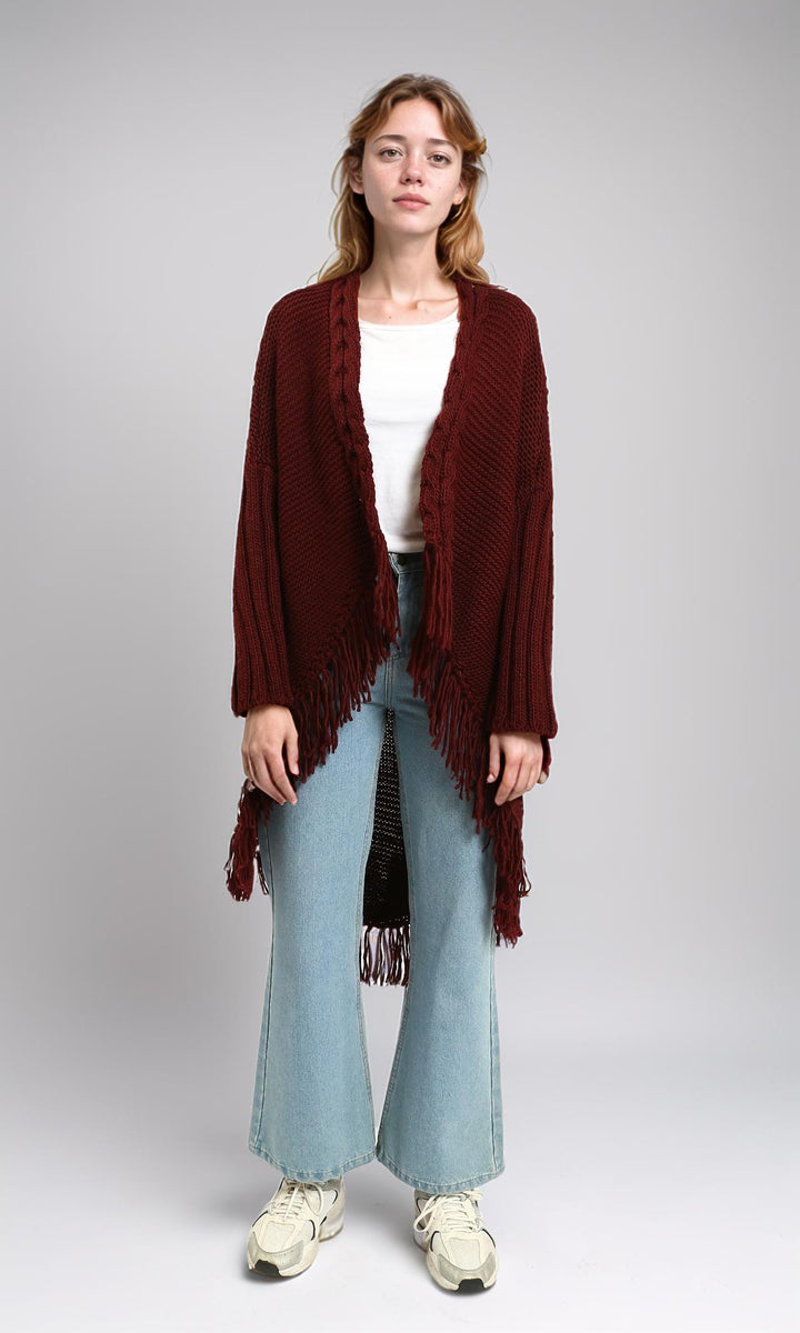 Braided Neckline with Fringes Cardigan - Burgundy