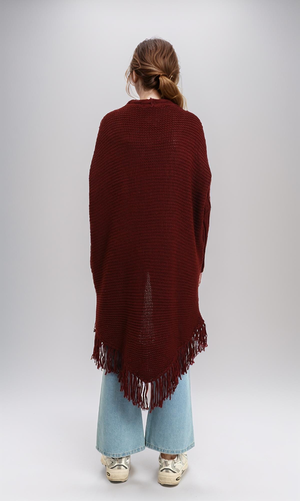 R214313 - Braided Neckline with Fringes Cardigan - Burgundy