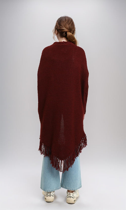 R214313 - Braided Neckline with Fringes Cardigan - Burgundy
