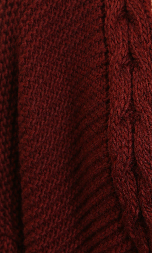 R214313 - Braided Neckline with Fringes Cardigan - Burgundy
