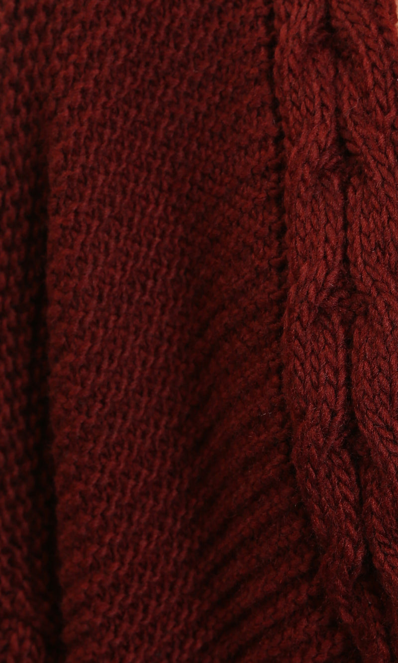 R214313 - Braided Neckline with Fringes Cardigan - Burgundy
