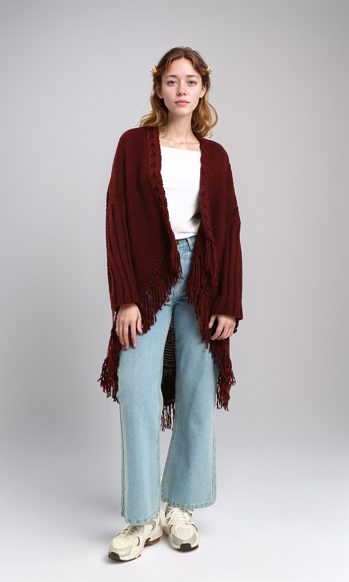 R214313 - Braided Neckline with Fringes Cardigan - Burgundy