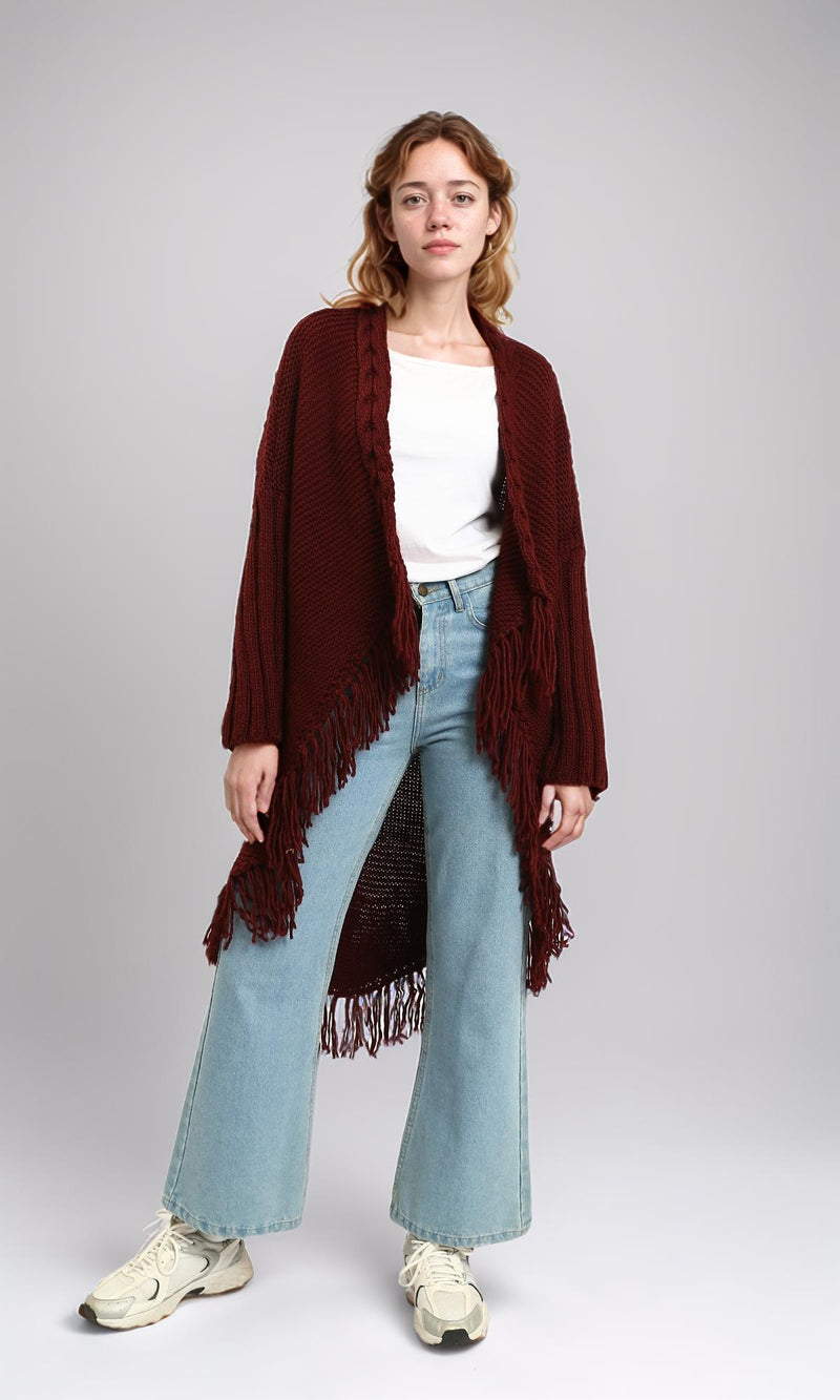 R214313 - Braided Neckline with Fringes Cardigan - Burgundy