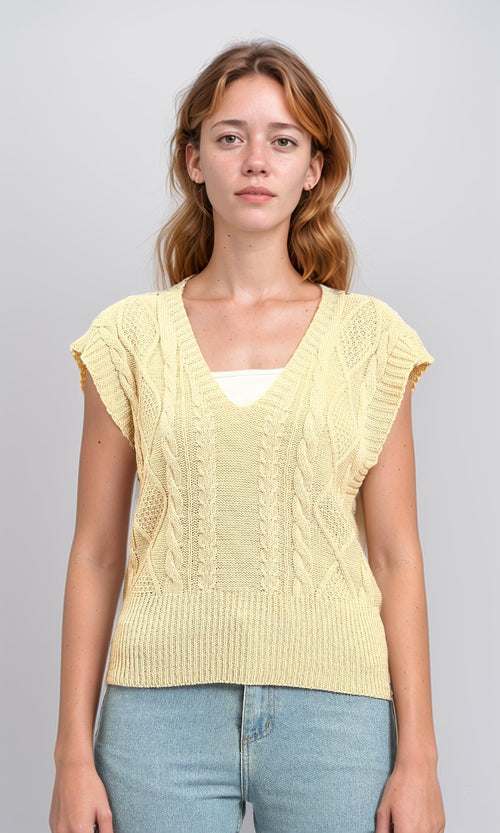 R214316 - Deep V-Neck Cap Sleeve Vest - Beige