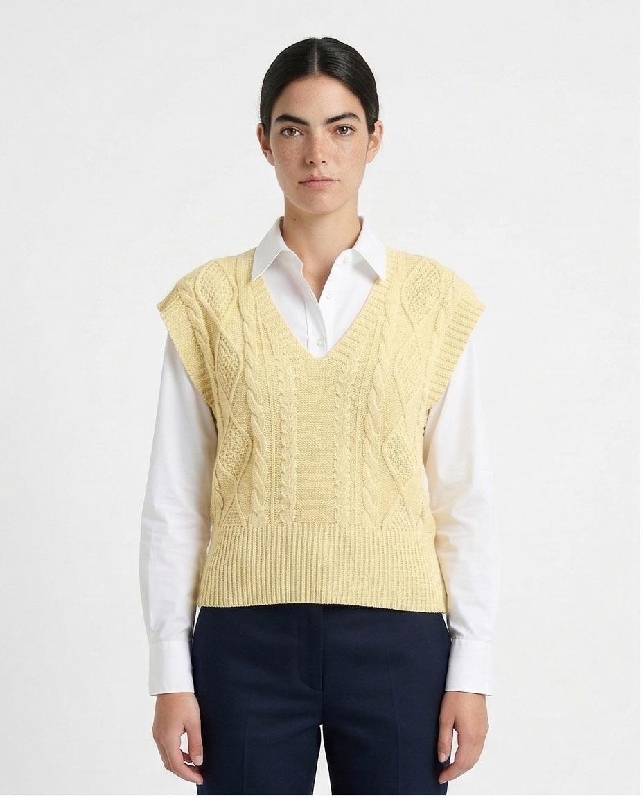 Women's Cable-Knit V-Neck Sweater Vest - Butter Yellow