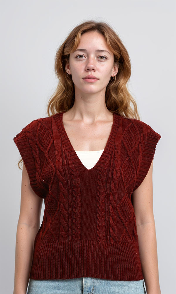 R214317 - Deep V-Neck Cap Sleeve Vest - Burgundy