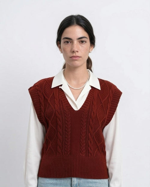 Deep V-Neck Cap Sleeve Vest - Burgundy