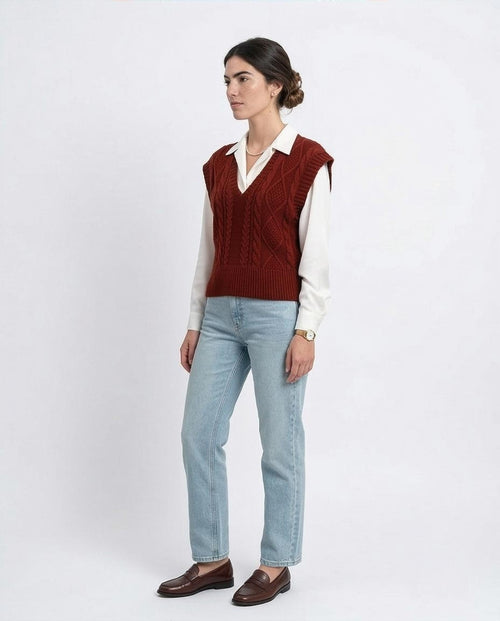 Deep V-Neck Cap Sleeve Vest - Burgundy - R214317