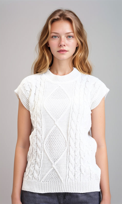 R214318 - Ribbed Round Neck Cap Sleeves Pullover - White