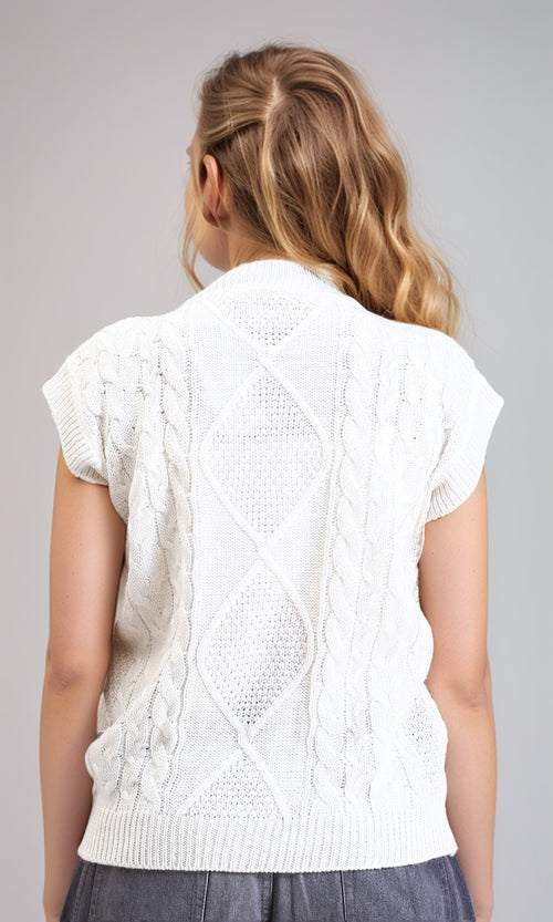 R214318 - Ribbed Round Neck Cap Sleeves Pullover - White