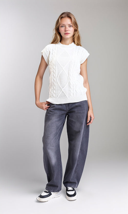 R214318 - Ribbed Round Neck Cap Sleeves Pullover - White