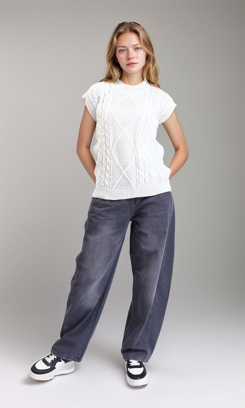 R214318 - Ribbed Round Neck Cap Sleeves Pullover - White