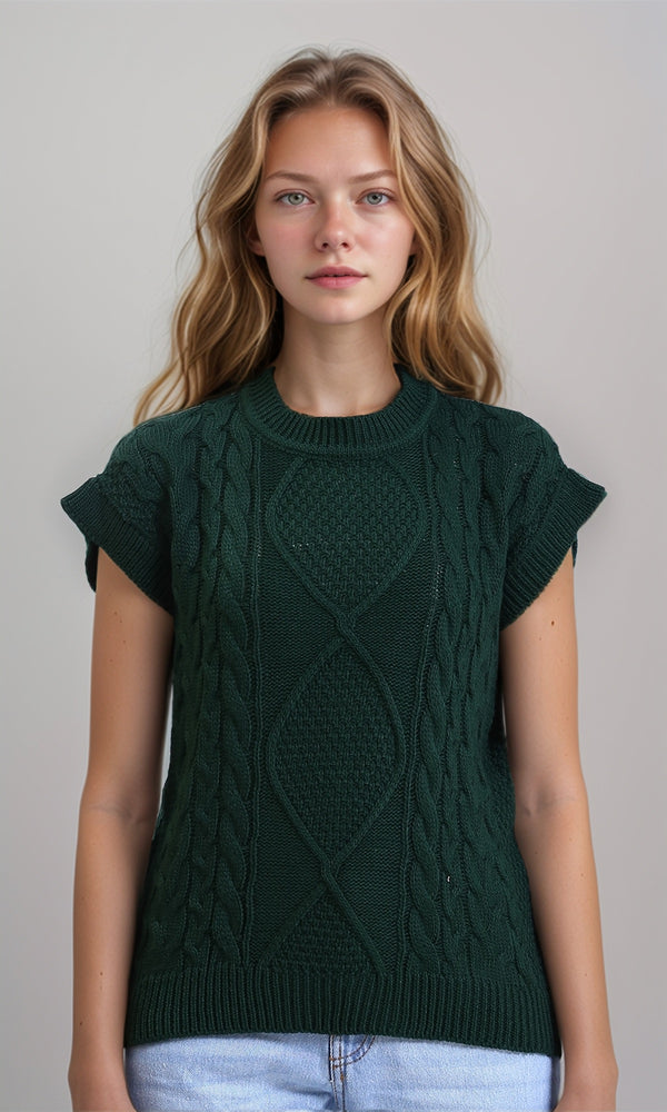 R214319 - Ribbed Round Neck Cap Sleeves Pullover - Dark Green